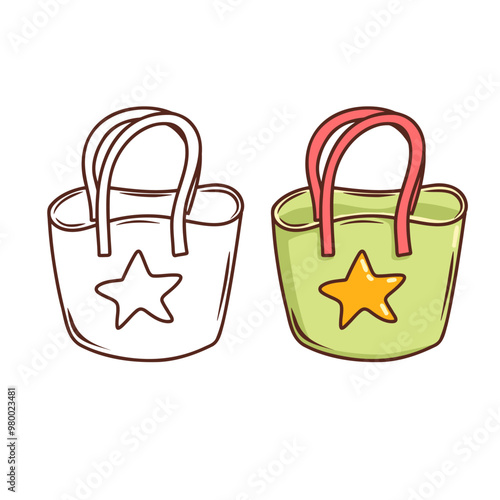 Coloring book page for anyistress kid or adult coloring. Vector summer illustration of beach bag
