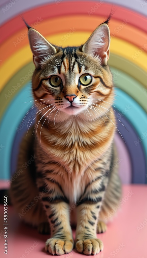A charming tabby cat poses against a vibrant rainbow backdrop, capturing the essence of playfulness and color. Perfect for pet-related projects or creative marketing. A charming tabby cat poses against a vibrant rainbow backdrop, capturing the essence of playfulness and color. Perfect for pet-related projects or creative marketing.