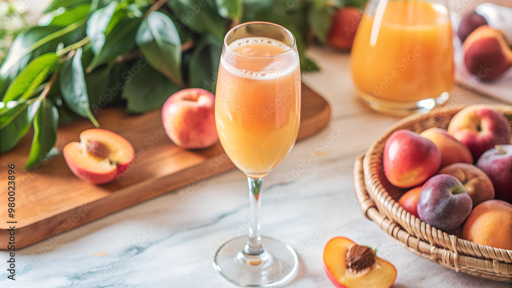 Fototapeta premium Fresh Peach Juice in Glass with Whole Peaches on Marble Background