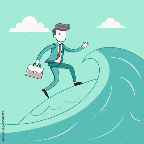 Escape from business crisis, recession or risk, adversity or challenge to survive danger, uncertainty or vulnerability, run away from trapped, hopeless concept, businessman escape from danger wave.