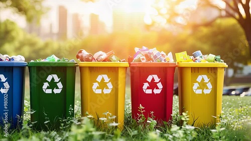Colorful recycling bins filled with waste in a park ecofriendly waste management sustainable environment city background
