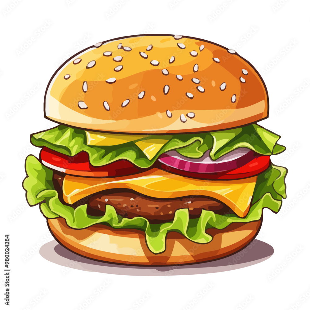 Cute burger. Image of a cheeseburger. Appetizing hamburger in flat style. Vector illustration. Cute burger. Image of a cheeseburger. Appetizing hamburger in flat style. Vector illustration.