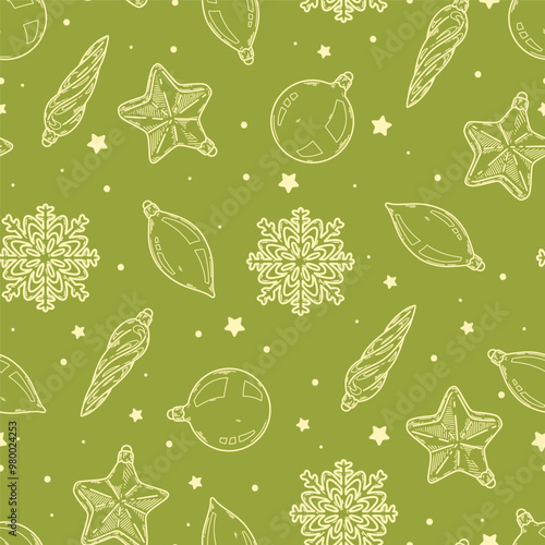 Christmas and New year seamless pattern. Vector background with christmas decorations. Ball, pine tree, icicle, pine cone, present box, warm hat, socks
