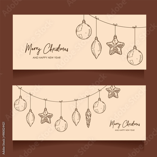 Merry Christmas and Happy New year retro banner template, greeting card. Vector background with christmas fir tree  decorations. Star, ball, icicle