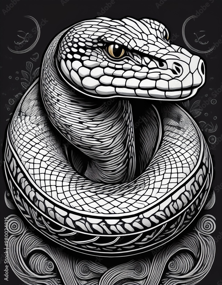 Fototapeta premium snake on black background illustrated with black lines