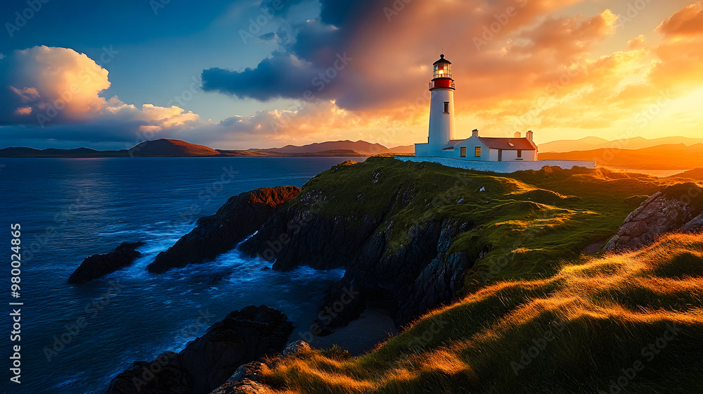 Fototapeta premium Paysage avec phare sur la côte au bord de l'océan