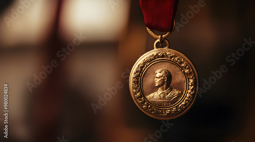 Close-up of a medal hanging on a ribbon.