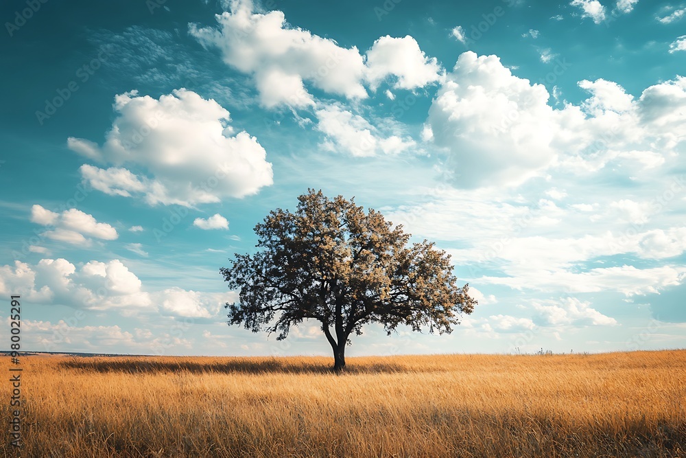 Single tree in a golden field with blue sky and fluffy white clouds, nature background Single tree in a golden field with blue sky and fluffy white clouds, nature background