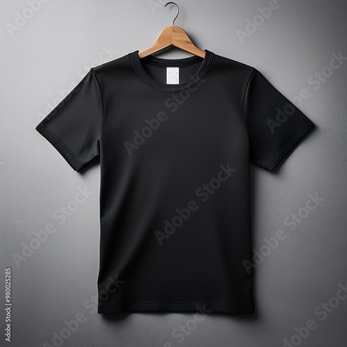 plain black t-shirt hanging on a clothes hanger