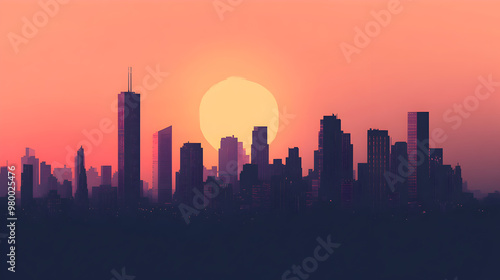 Simple skyline of tall buildings at sunset.


