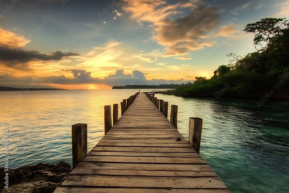 Fototapeta premium Wooden pier leading out to the sea at sunset with colorful sky and clouds. Calm water and tropical island in the distance.