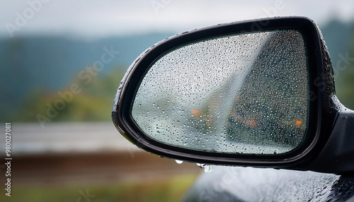 Rain drops on the rearview mirror of a car in rainy day