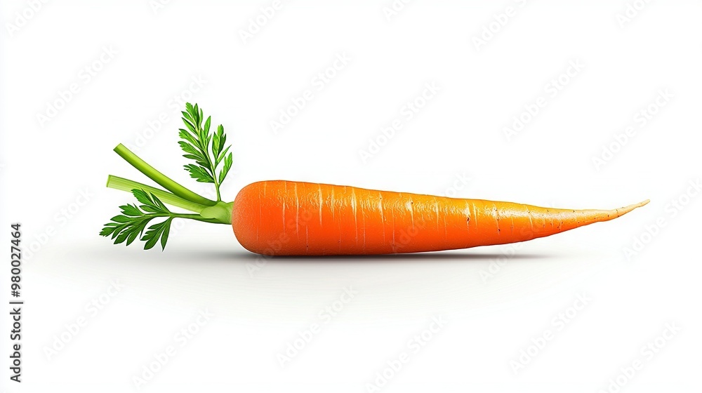 A white background with a close-up photo of a carrot, including its leafy stalk, is displayed A white background with a close-up photo of a carrot, including its leafy stalk, is displayed