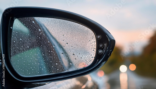 Rain drops on the rearview mirror of a car in rainy day