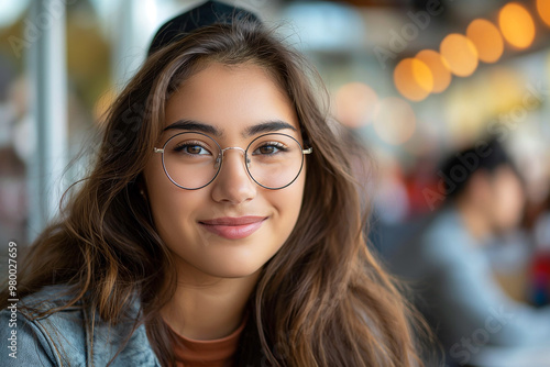 Smiling brunette woman with glasses in a casual outdoor cafe with glowing bokeh background