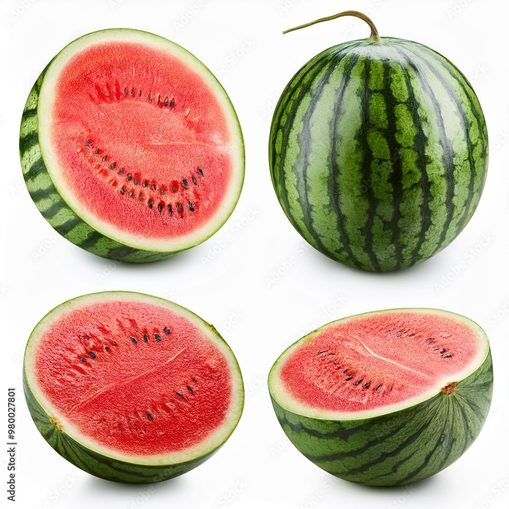 half watermelon photographed from different angles, isolated on white background