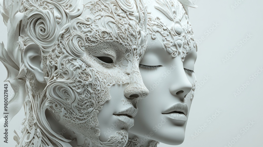 A close-up of two intricate, surreal white masks with detailed patterns, evoking a sense of mystery, art, and fantasy. A close-up of two intricate, surreal white masks with detailed patterns, evoking a sense of mystery, art, and fantasy.
