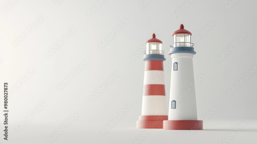 Two minimalist model lighthouses with red and white stripes, placed against a soft neutral background, evoking a nautical theme. Two minimalist model lighthouses with red and white stripes, placed against a soft neutral background, evoking a nautical theme.