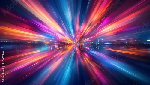 Abstract light rays in motion create a vibrant, colorful background with a central bright light source, Generative AI.