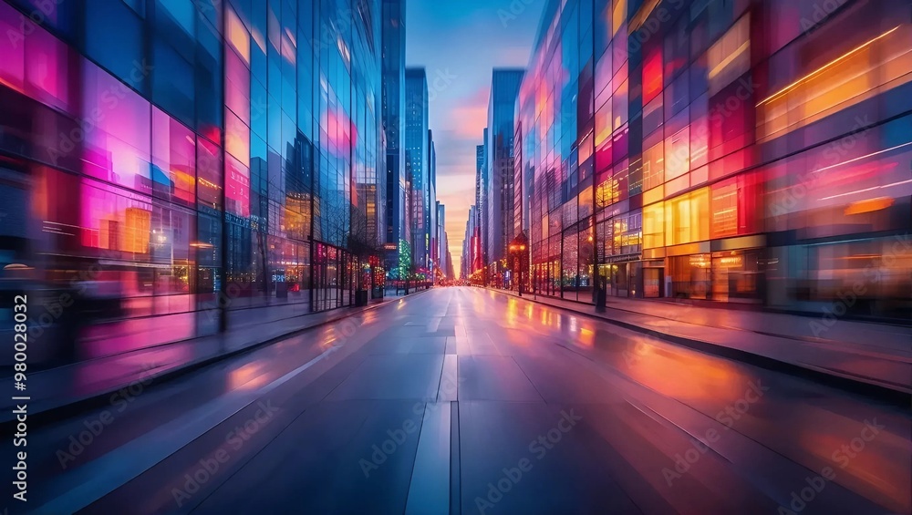 Abstract view of a city street at dusk, featuring a blur of colorful lights and soft outlines, Generative AI. Abstract view of a city street at dusk, featuring a blur of colorful lights and soft outlines, Generative AI.