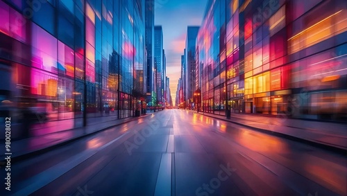 Abstract view of a city street at dusk, featuring a blur of colorful lights and soft outlines, Generative AI.