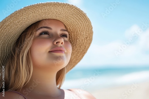 A plus size young Caucasian woman revels in a sunny beach day photo