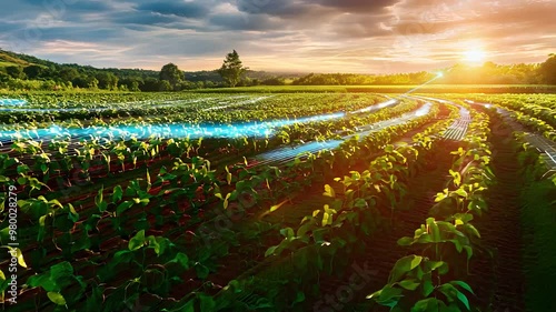Smart farming field with advanced technology in agriculture sunrise over crops precision agriculture sustainable growth