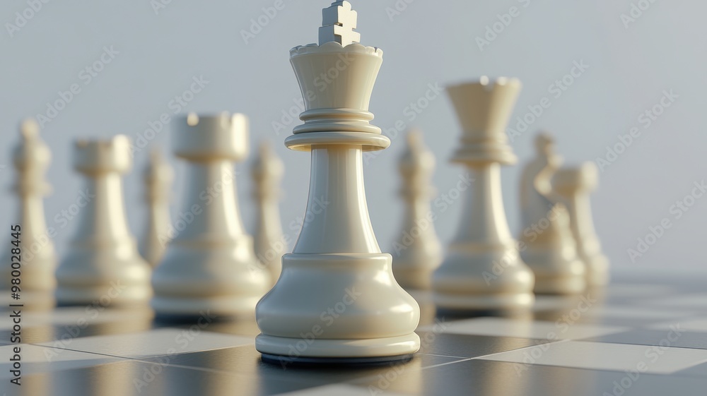 Close-up of a white chess king standing prominently on a chessboard, surrounded by other chess pieces, representing strategy and leadership. Close-up of a white chess king standing prominently on a chessboard, surrounded by other chess pieces, representing strategy and leadership.