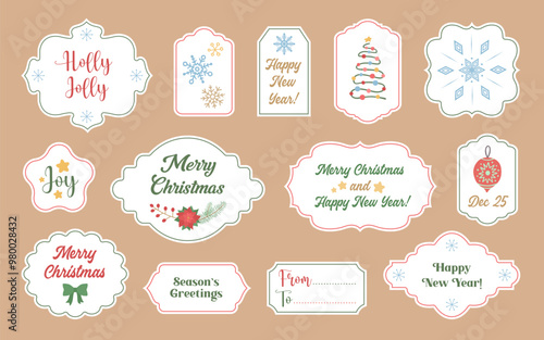 Cute winter labels with season greetings and wishes like merry Christmas and Happy new year. Christmas tags sheet printable. Vintage shapes for greeting labels, gift tags, Xmas cards or stickers.