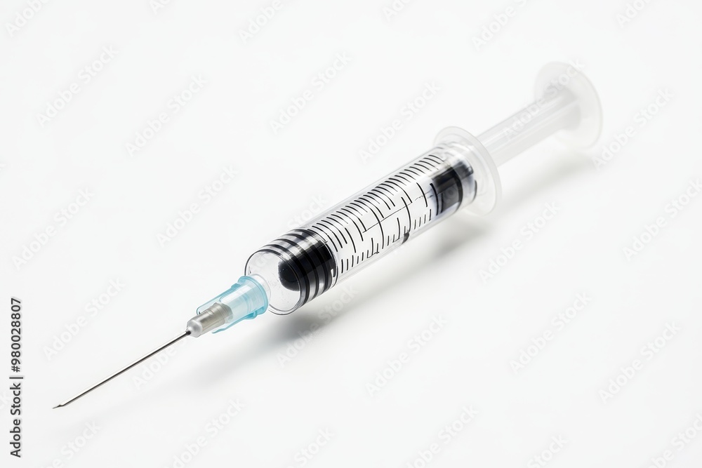 A syringe containing a vaccine against a white backdrop A syringe containing a vaccine against a white backdrop