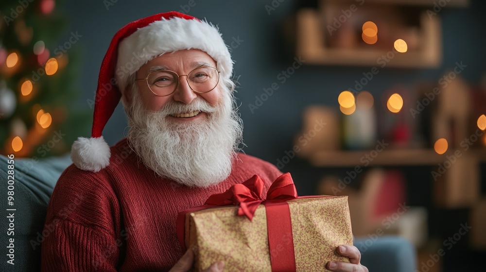 Santa Claus sharing gifts, colorful wrapping, happy expressions Santa Claus sharing gifts, colorful wrapping, happy expressions