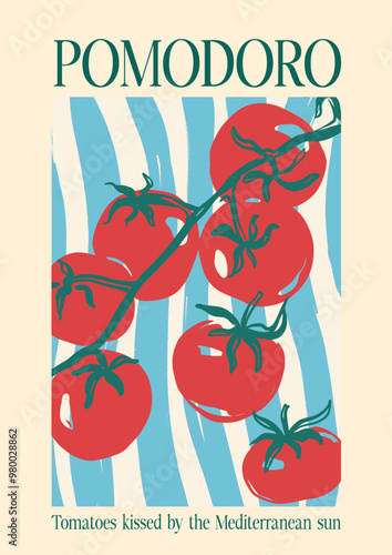 Vector poster with Mediterranean tomatoes and short phrase. Tomatoes kissed by the Mediterranean sun. Hand-drawn card isolated on beige background. Tasty food for design, print, fabric or background.