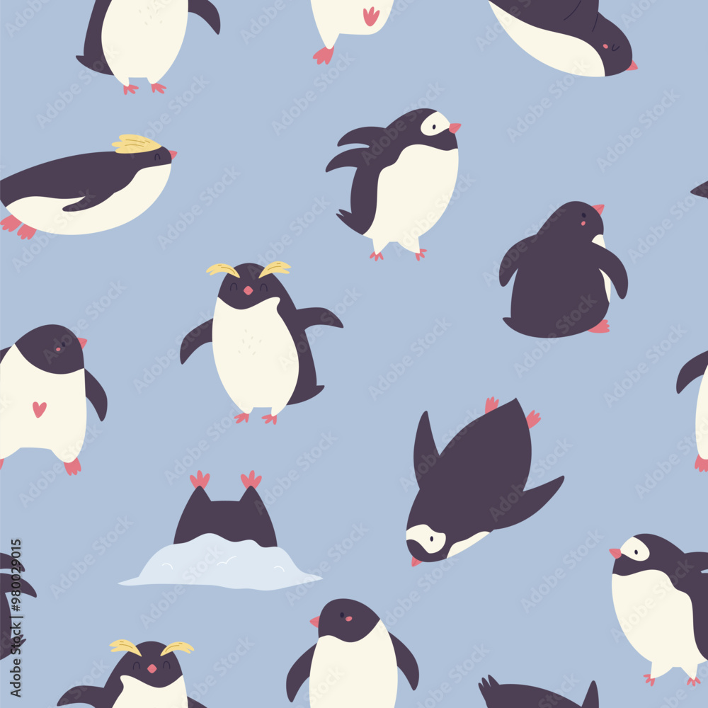 Obraz premium Colorful seamless pattern with cute and funny penguins