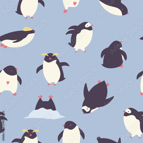Colorful seamless pattern with cute and funny penguins