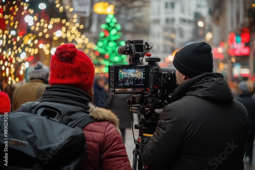 A videographer captures footage of a crowd at a city event with a professional camera while it s being broadcasted on TV