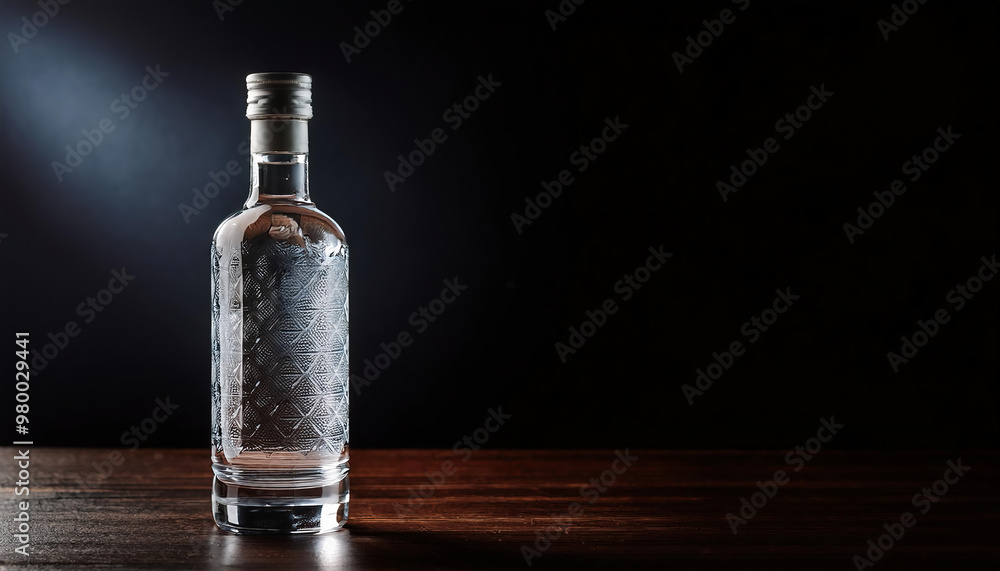 bottle of vodka on a wooden table on a dark background with copy space bottle of vodka on a wooden table on a dark background with copy space