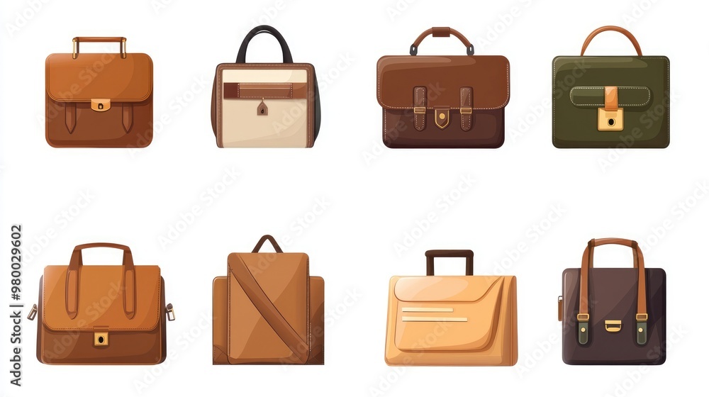 Work or school bag cartoon illustration set isolated on white background. Office businessman brief case or handbag Work or school bag cartoon illustration set isolated on white background. Office businessman brief case or handbag