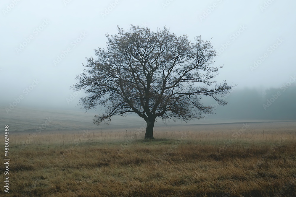 Lonely tree in a foggy field, atmospheric landscape photography Lonely tree in a foggy field, atmospheric landscape photography