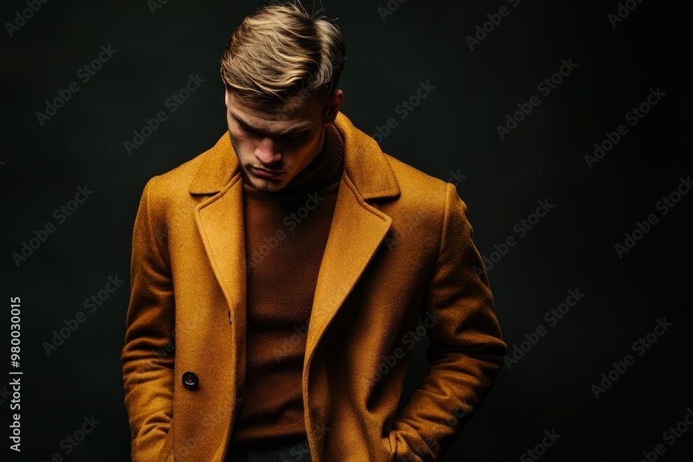 Obraz premium A young man in an ochre coat and turtleneck stands against a dark backdrop hands in pockets gazing down