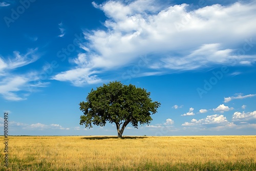 Lonely tree in a vast field under a blue sky with fluffy white clouds. Nature landscape photo.