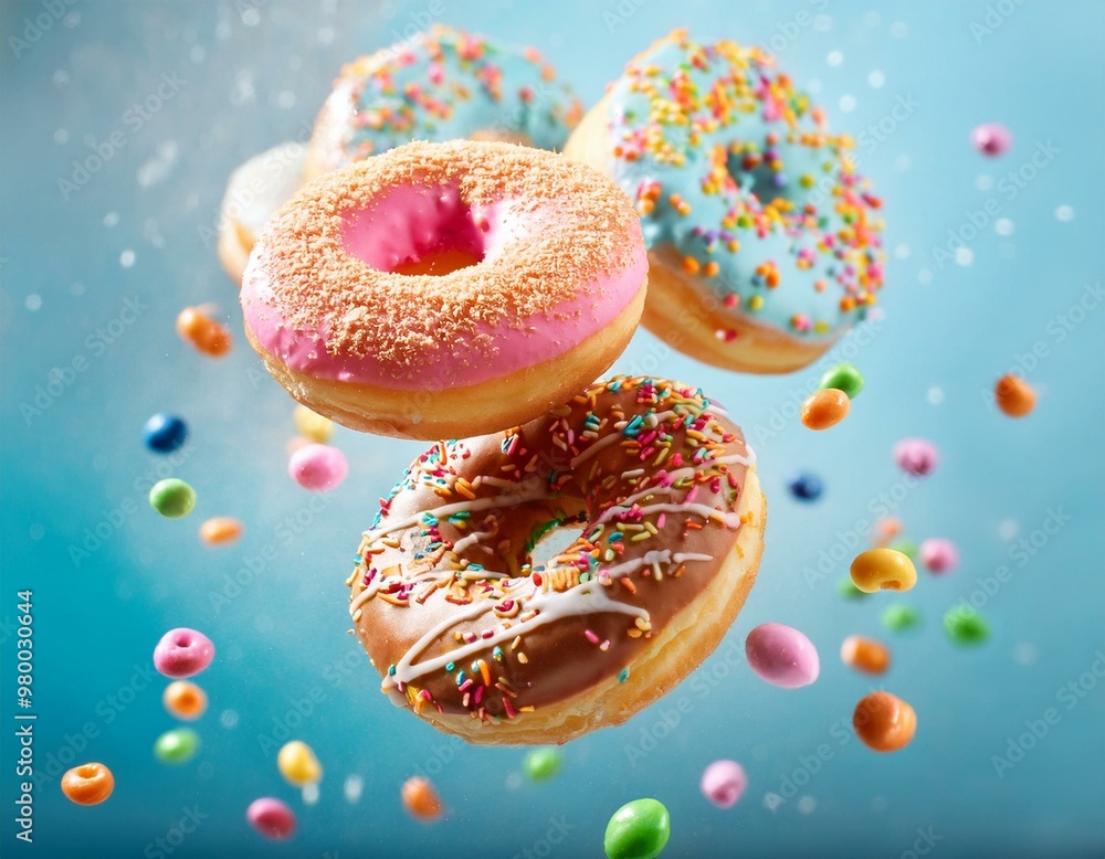 Vários donuts com cobertura de açúcar e confeitos coloridos voando em fundo azul com enfeites de granulado colorido Vários donuts com cobertura de açúcar e confeitos coloridos voando em fundo azul com enfeites de granulado colorido