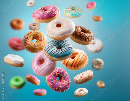 Vários donuts com cobertura de açúcar e confeitos coloridos voando em fundo azul com enfeites de granulado colorido  photo