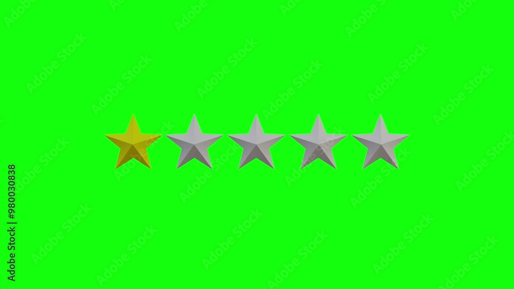 Animated 3d rating stars, on a green background. The data shows one gold star out of five Animated 3d rating stars, on a green background. The data shows one gold star out of five