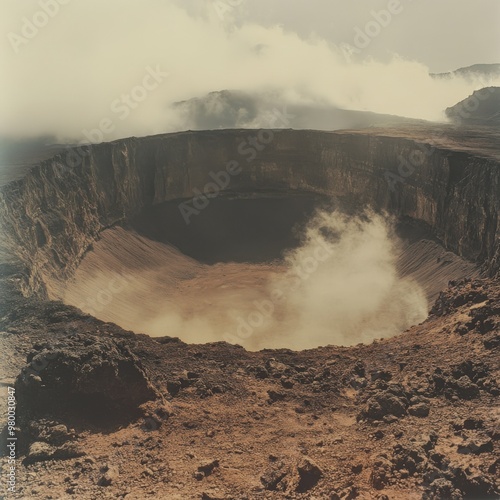 Aerial view of a dormant volcano with misty clouds and rugged landscape photo