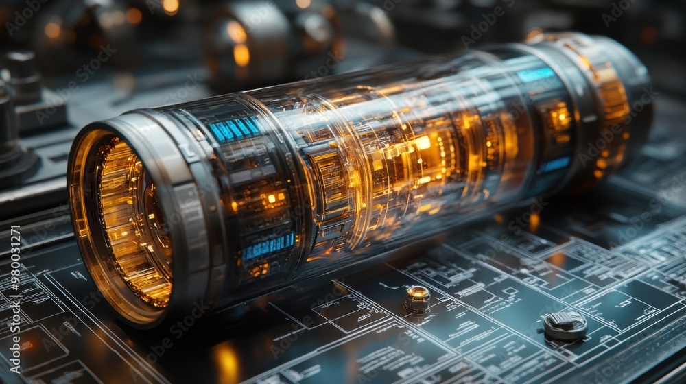 Creative Futuristic Energy Cylinder on Sci-Fi Circuit Board with Glowing Technology Components. Creative Futuristic Energy Cylinder on Sci-Fi Circuit Board with Glowing Technology Components.