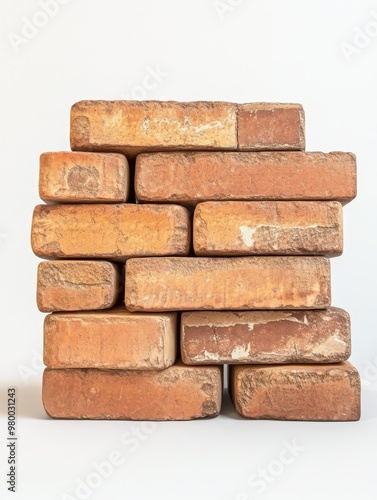 Solid bricks used in wall construction isolated on white background. Rustic structural masonry bricks on white background.