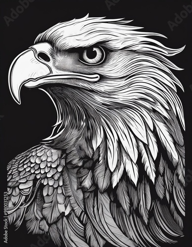Portrait of an eagle's head in the forest, illustrated with black lines.