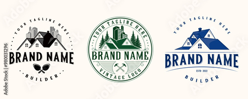 set real estate vector logo design. illustration of the roof of a house with a pine tree in the form of an emblem, for real estate companies, construction and housing businesses