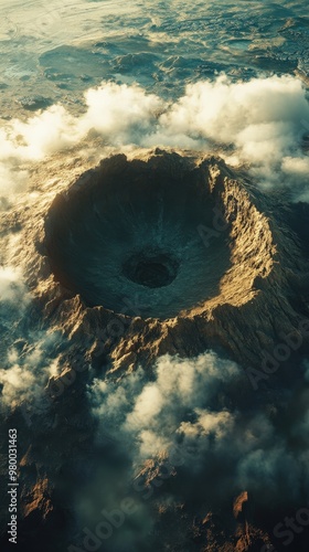 Aerial view of a dormant volcano with misty clouds and rugged landscape photo