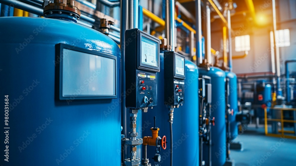Industrial Equipment with Control Panels and Pipes in a Factory Setting Industrial Equipment with Control Panels and Pipes in a Factory Setting
